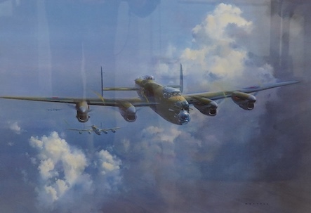 Frank Wootton (1911-1998), artist's proof colour print, ‘Lancaster’, with various signatures including Bill Reid and James Tait, Stacy Marks inscribed gallery label verso, 58 x 75cm. Condition - good